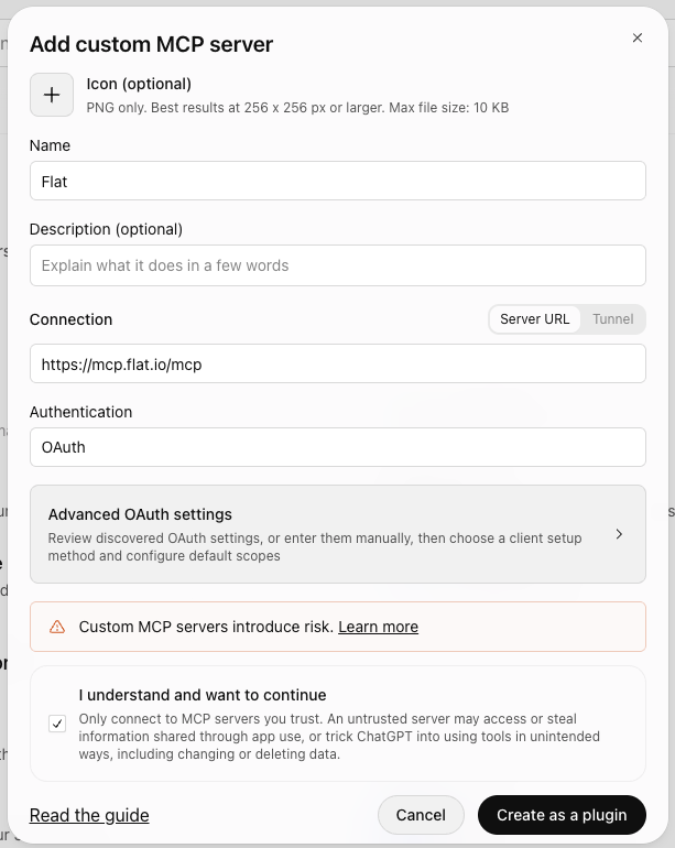 Flat entered as a custom MCP server in ChatGPT