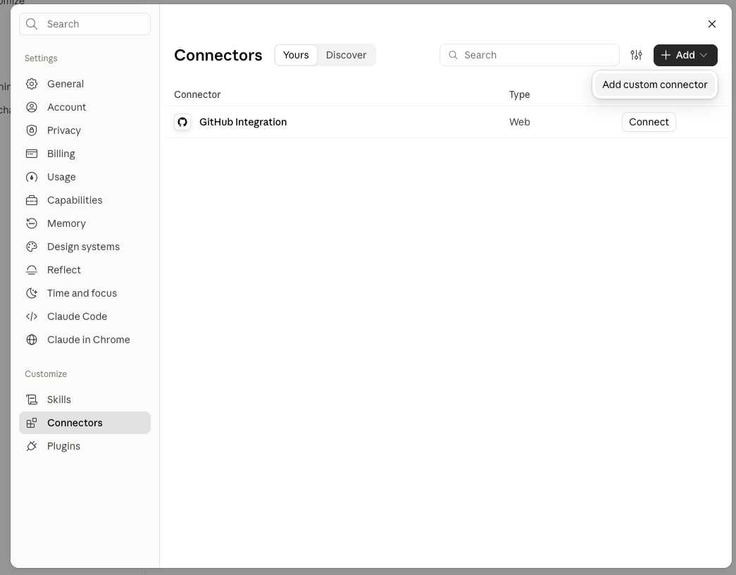 The Add menu in Claude's connector settings