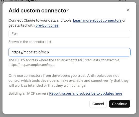 Flat entered as a custom connector in Claude
