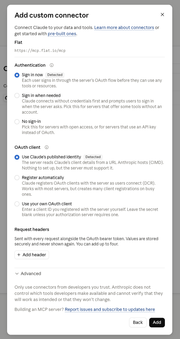 Claude's authentication options for the Flat connector