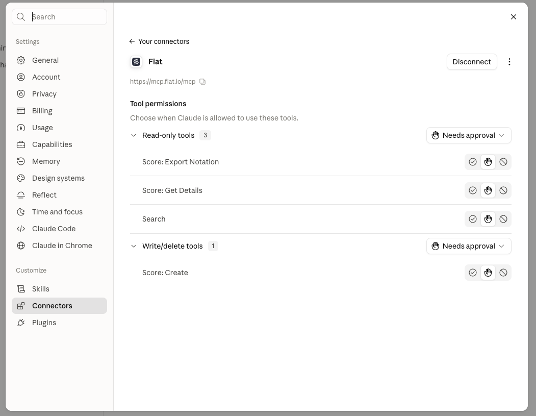 Tool permissions for the Flat connector in Claude