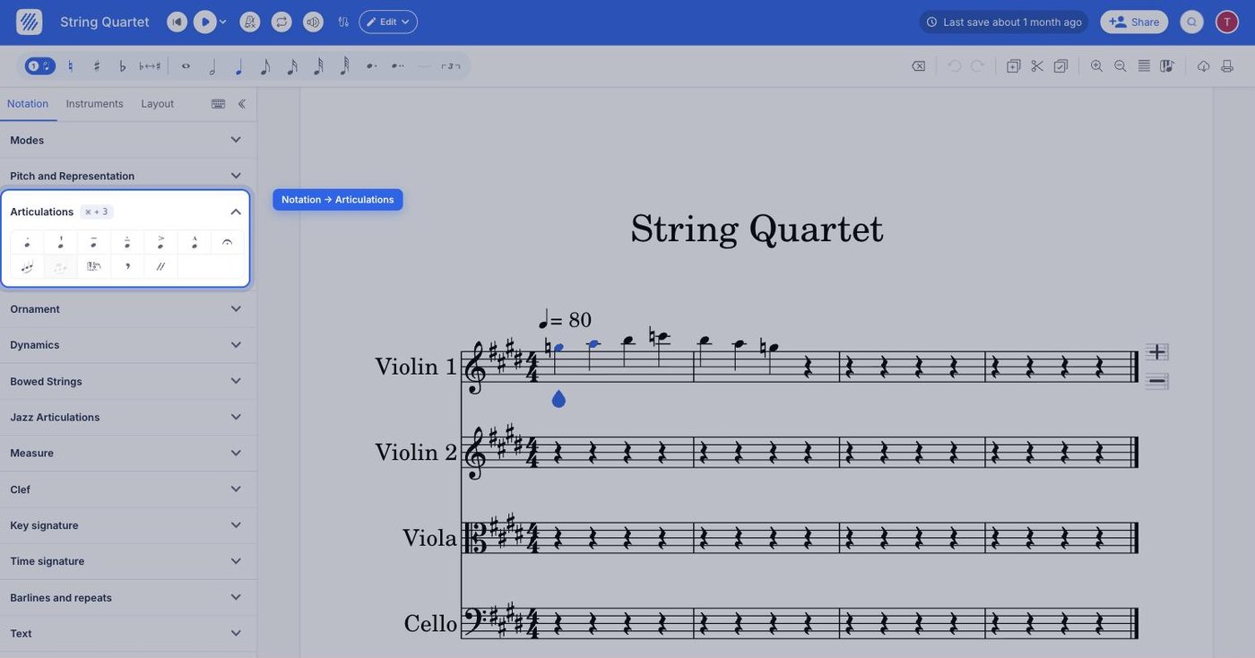 the Articulations section of the Notation tab