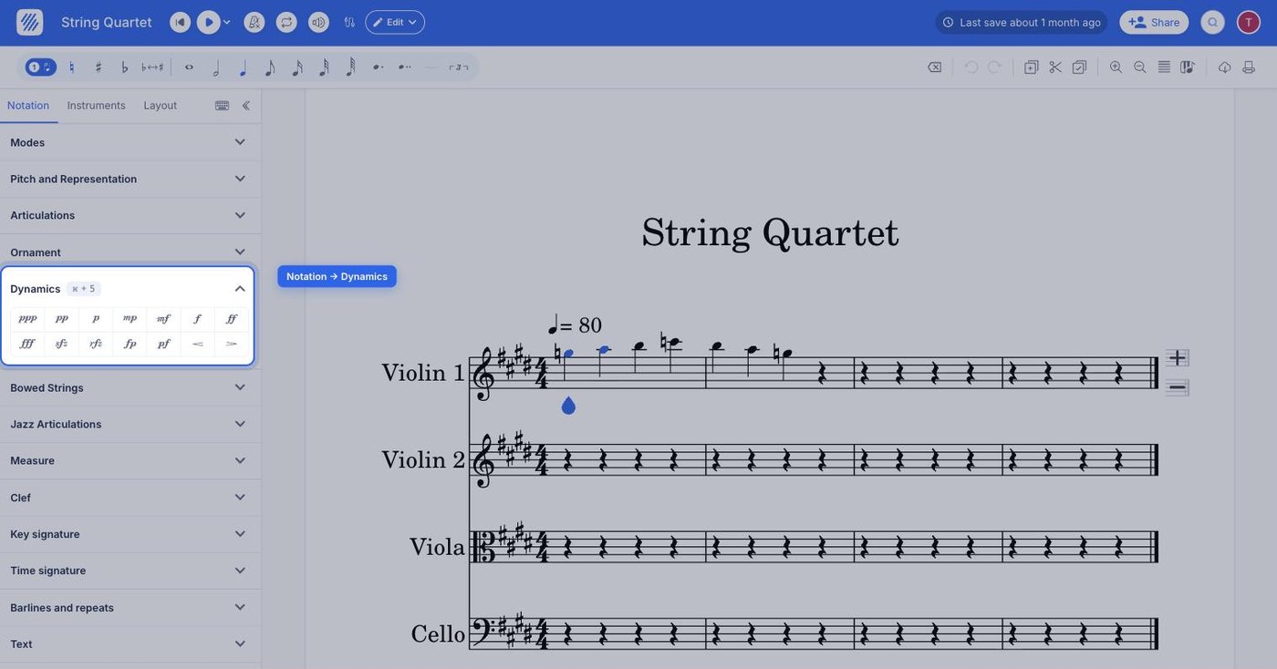 the Dynamics section of the Notation tab