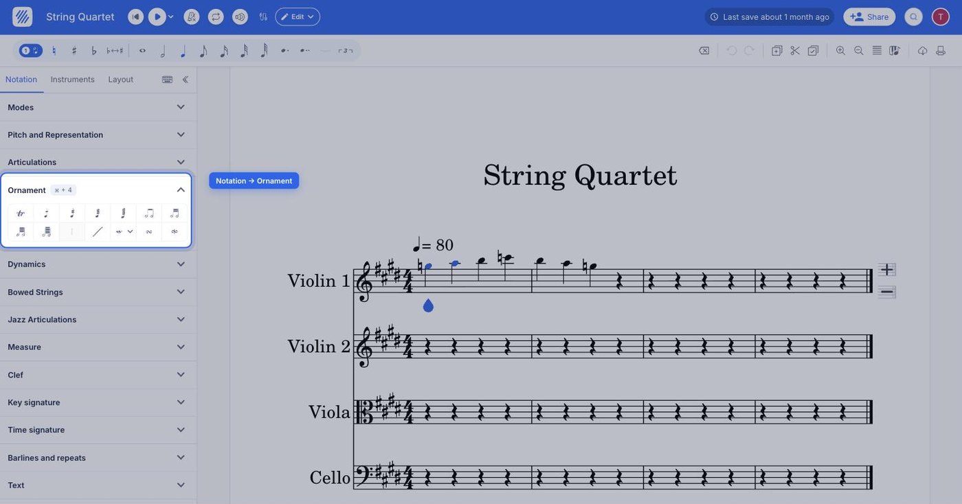 the Ornament section of the Notation tab