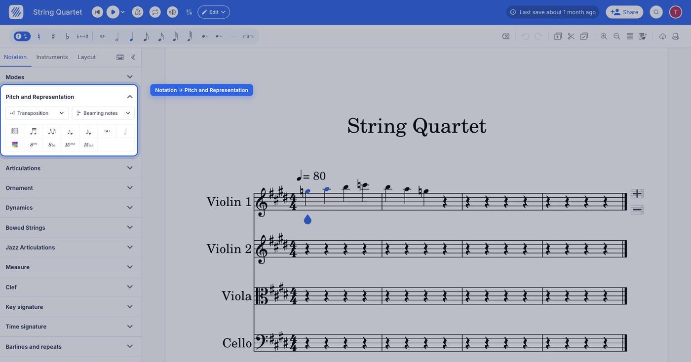 the Pitch and Representation section of the Notation tab