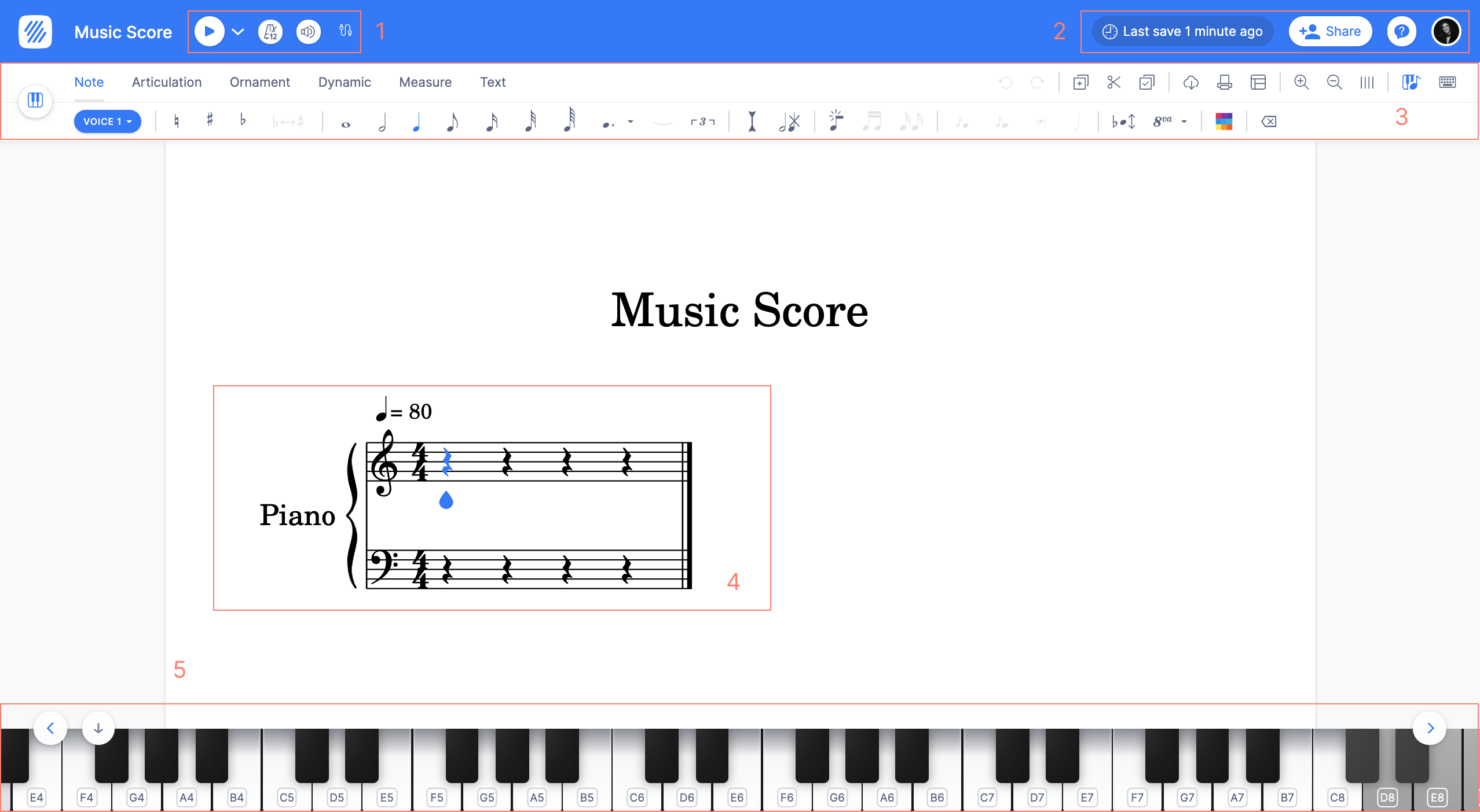 Discover the interface of our online sheet music writer. - Flat