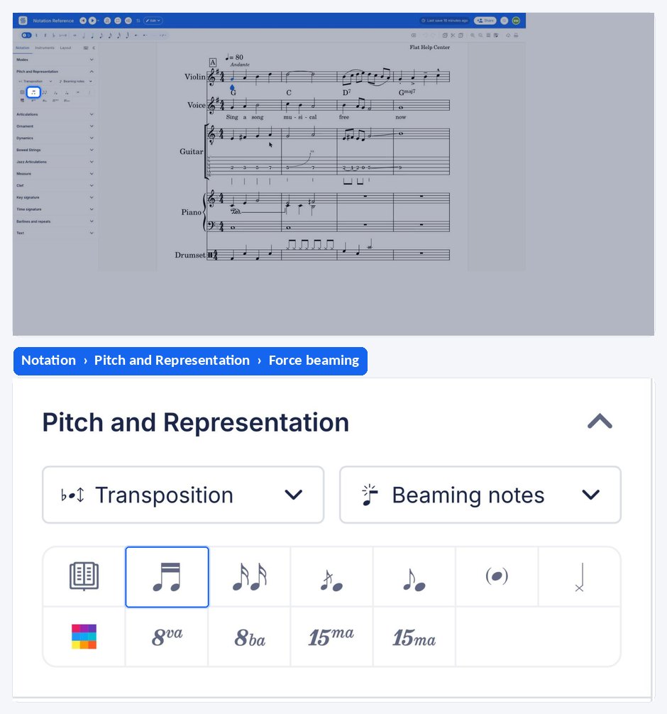 Forcing a beam and then un-beaming a group of notes in the Flat editor