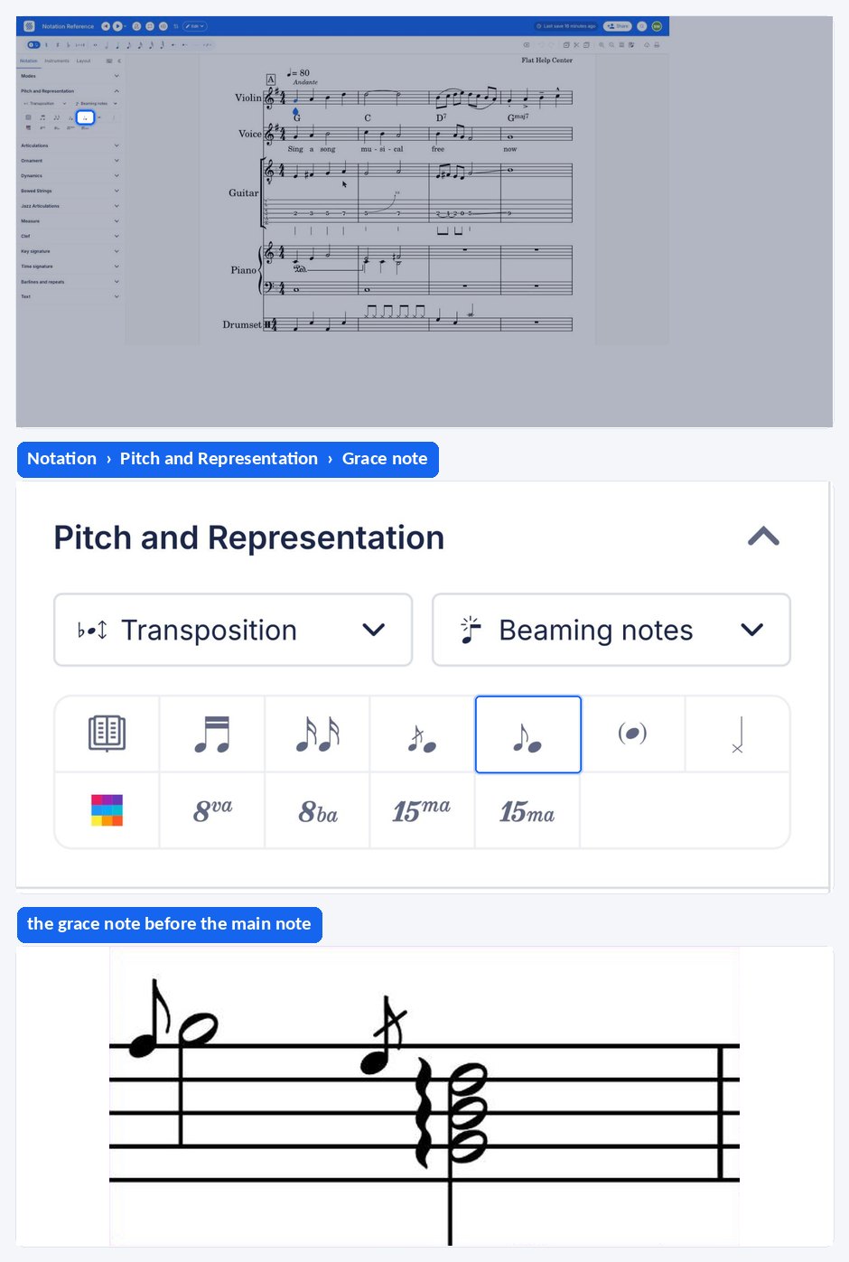 A grace note being added before a melody note in the Flat editor