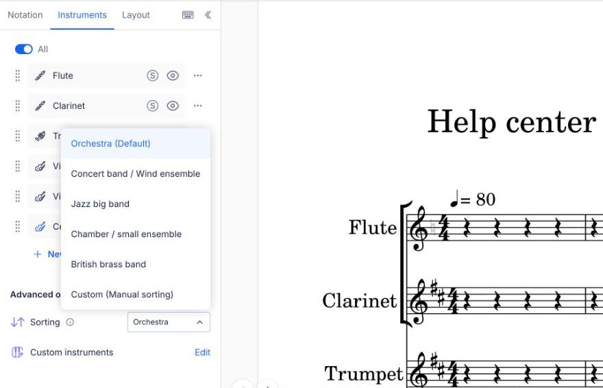 The Sorting menu in the Instruments tab, with the six sorting styles