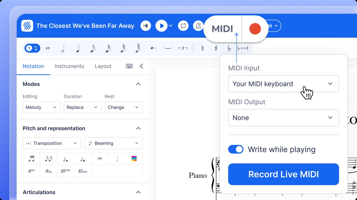 The MIDI menu, with the MIDI Input list and the Record Live MIDI button