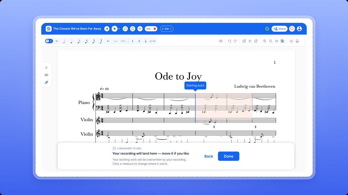 Placing the recording: the Starting point flag and the measures that will be overwritten, in red