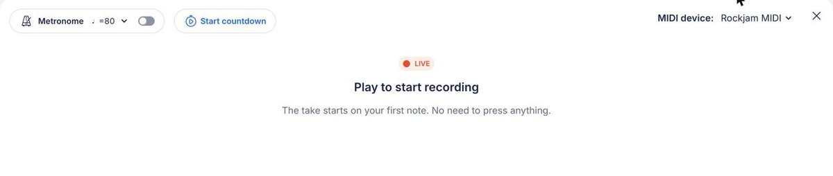 The recording panel showing LIVE, with the Metronome, Start countdown, and MIDI device controls