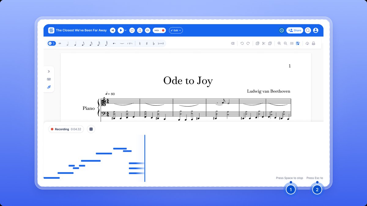 The panel during a recording, with the notes appearing as they are played