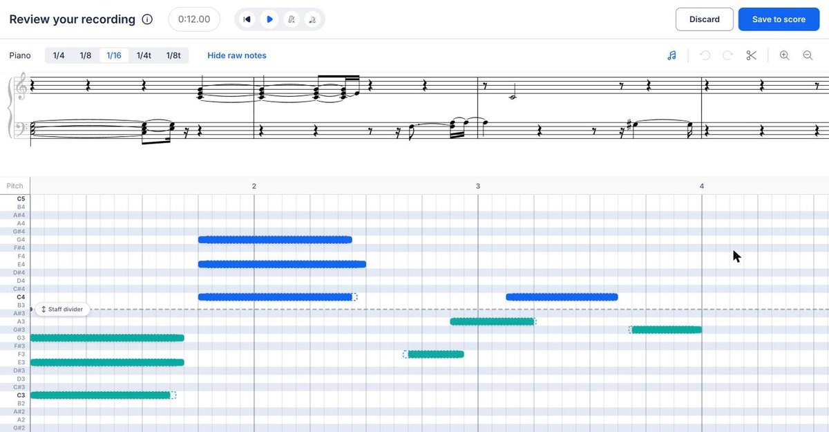 The Review your recording screen, with the notation preview at the top and the note grid below