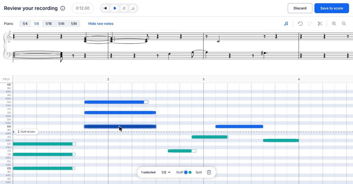 A selected note with the editing bar: grid, Staff, Split, and the bin
