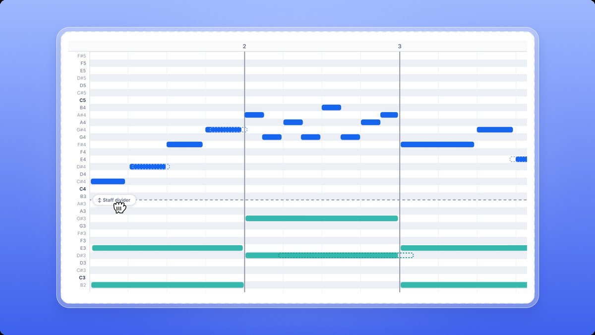 Dragging the staff divider between the notes of the two staves