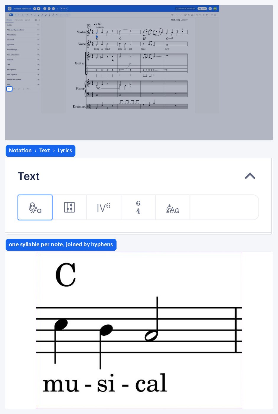 Typing lyrics under the notation, one word per note