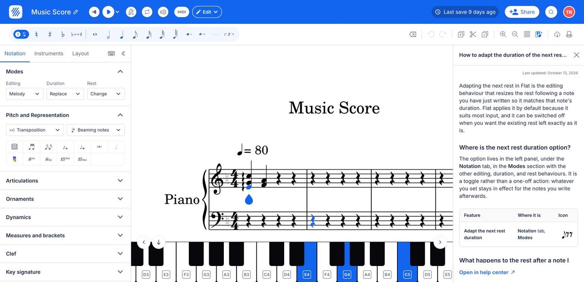 A help article open in the side panel on the right of the score