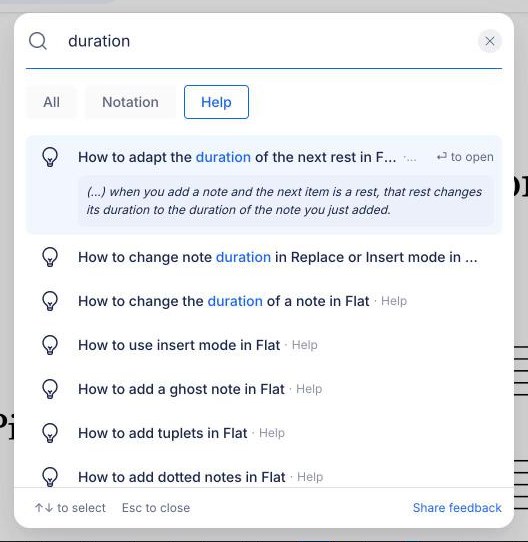 Quick Search open over the score, with the Help filter selected and a help article's tip showing