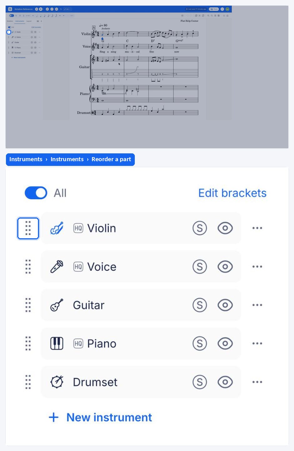 Dragging a part into a new position in the instruments settings
