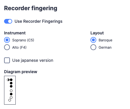 Recorder fingerings Settings