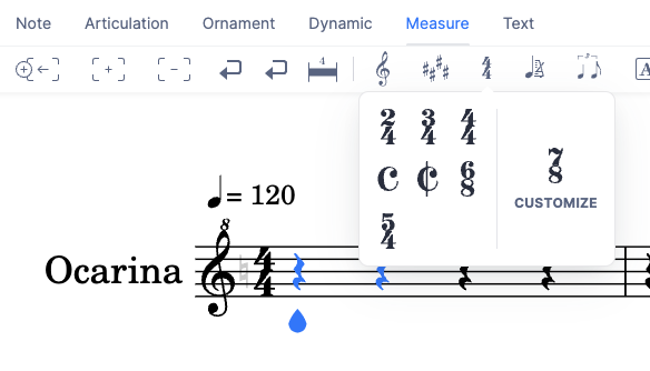 Change time signature in the Measure toolbar
