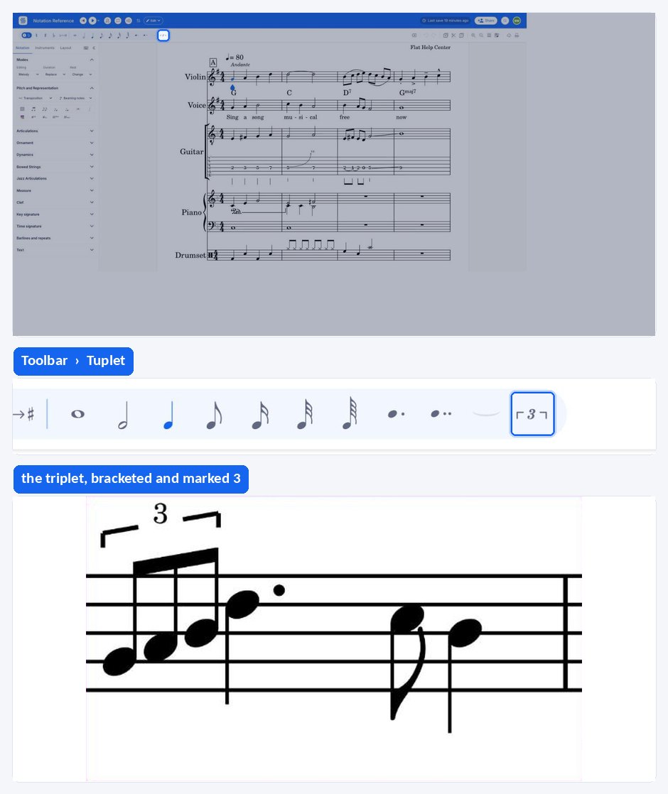A triplet of eighth notes being created in the Flat editor