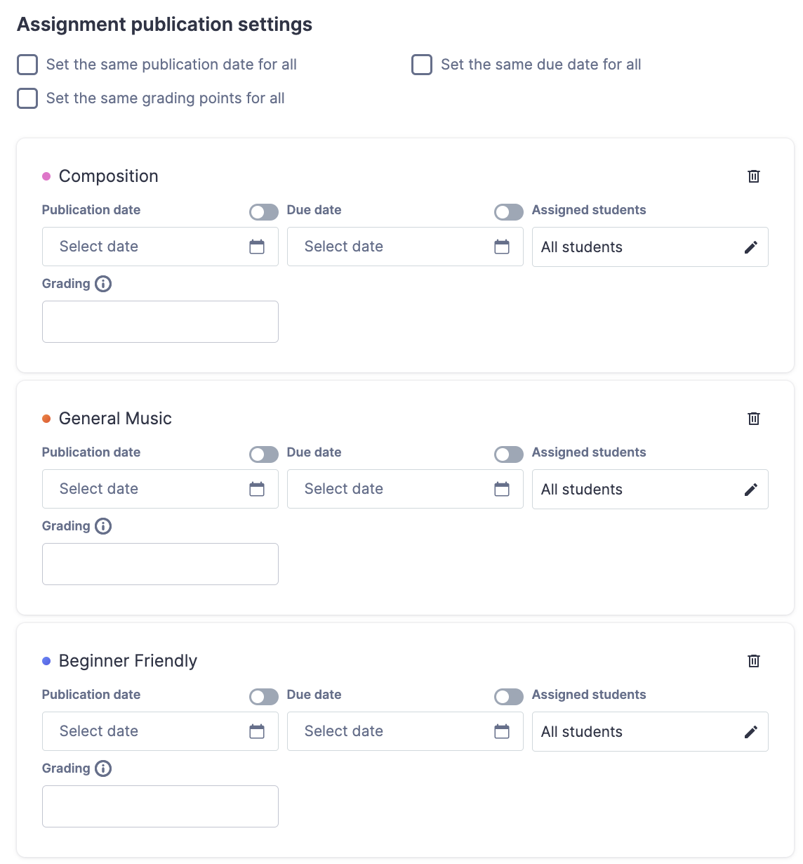 Assignment publication settings - Assign to multiple classes at once