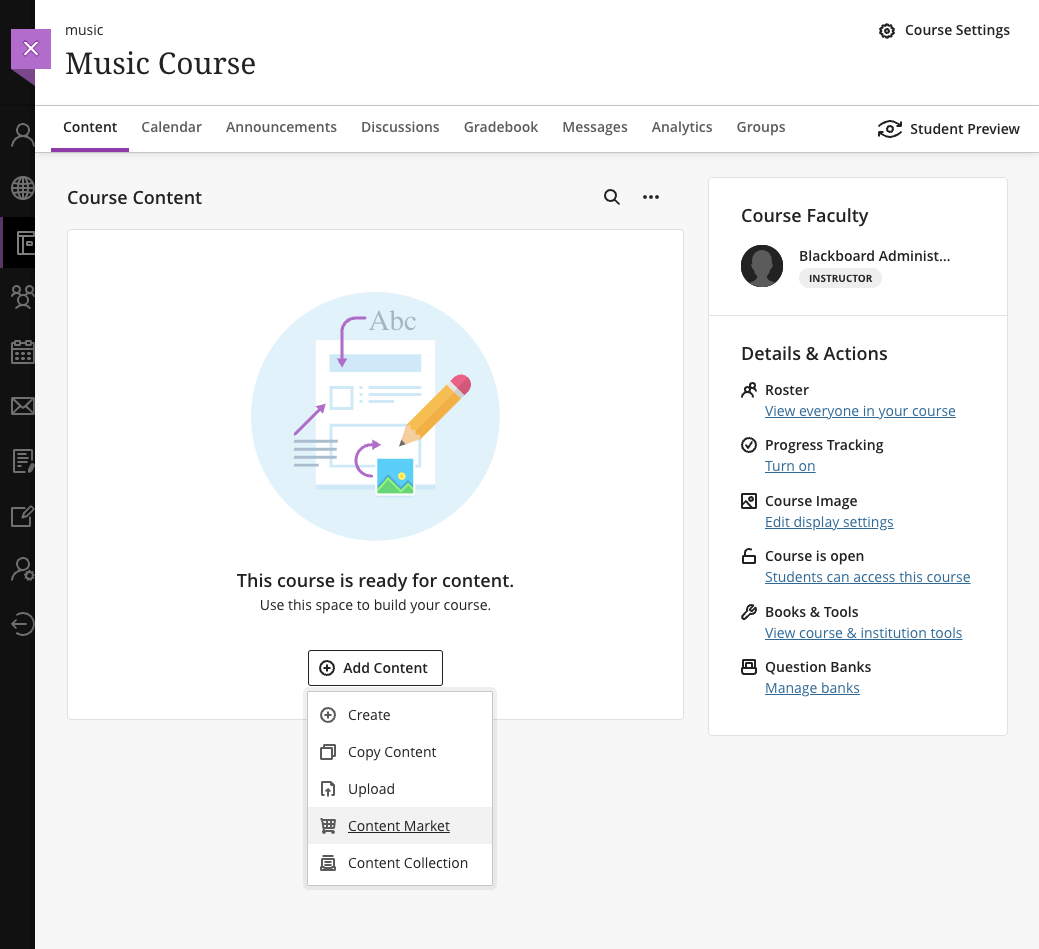 Blackboard Learn Course > Add content > Content Market