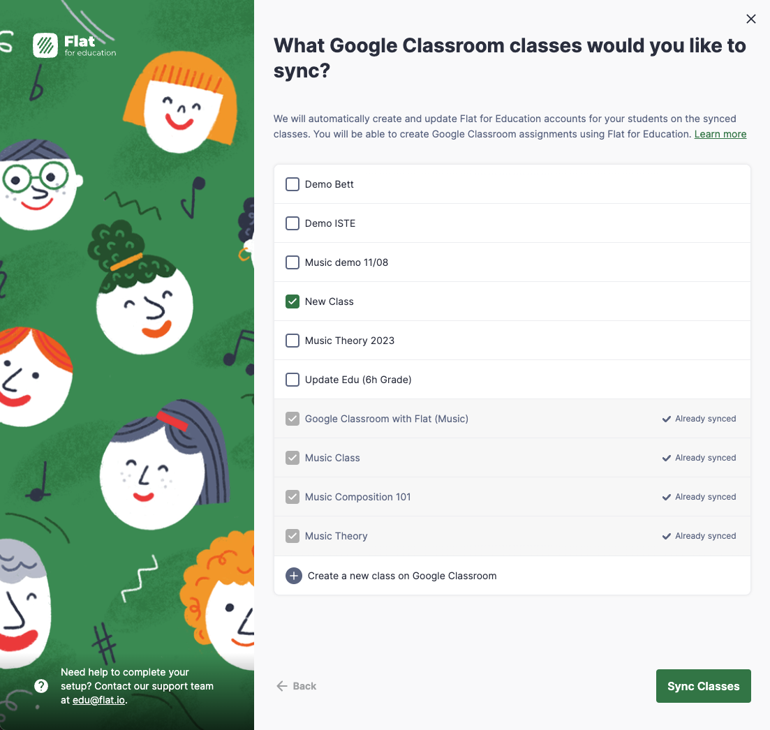 Select courses to sync on from google classroom