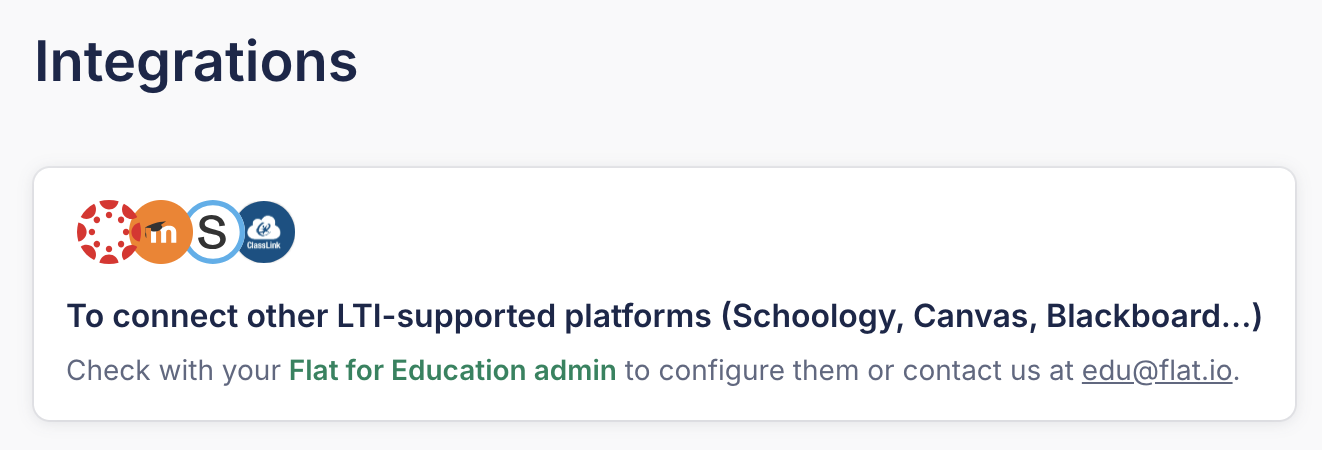 Message on the Flat for Education Integrations page asking teachers to check with their admin to connect Canvas