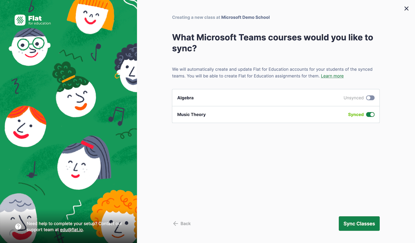 Select classes to sync on from Microsoft Teams