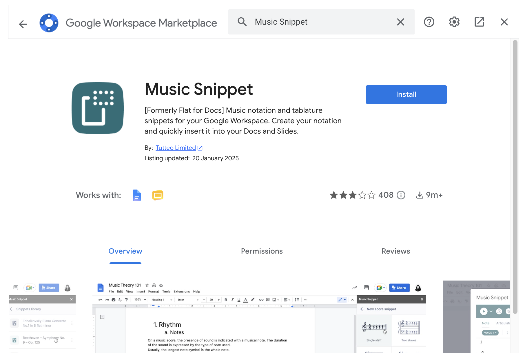 Результаты поиска в Google Workspace Marketplace с Music Snippet