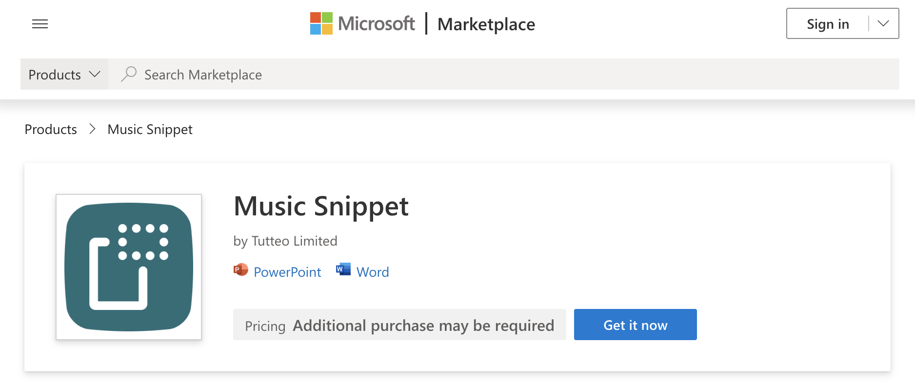 Страница Microsoft Store для надстройки Music Snippet