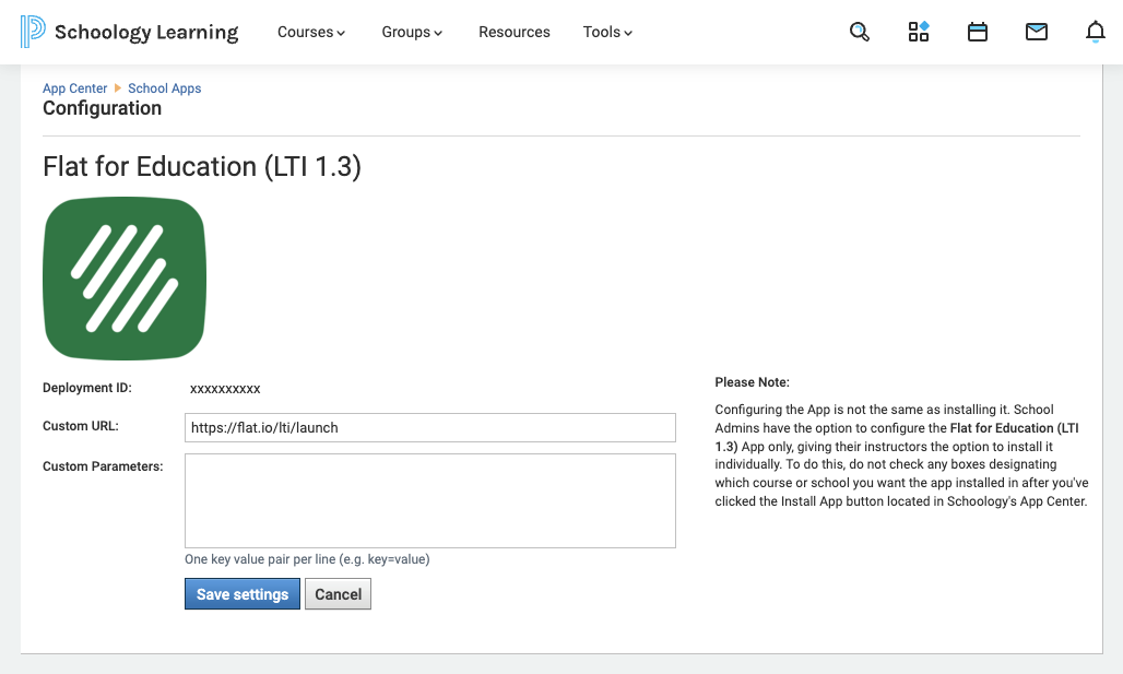 Schoology: Configure Flat for Education LTI 1.3 app