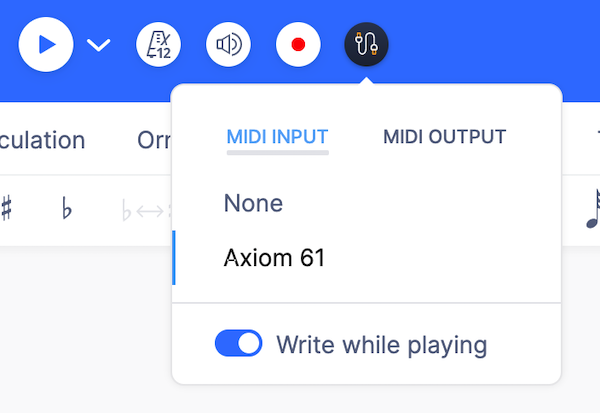 MIDI selection menu