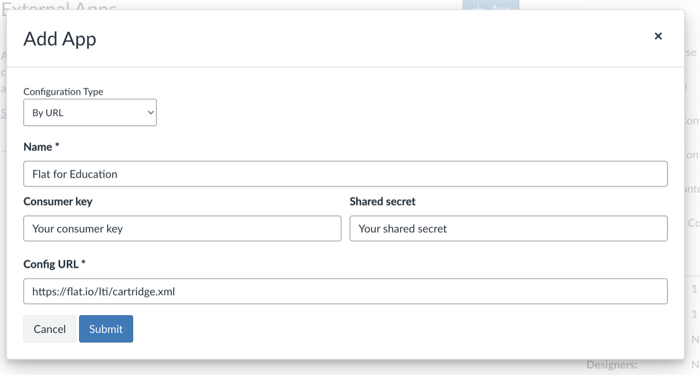 Canvas Add App window with Configuration Type set to By URL, the Flat for Education name, the Consumer key and Shared secret fields, and the config URL