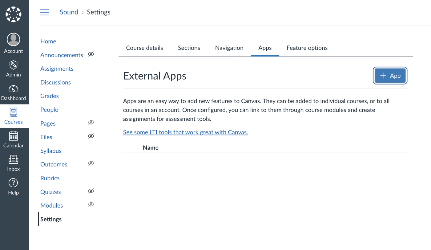 Canvas course Settings on the Apps tab, with the + App button