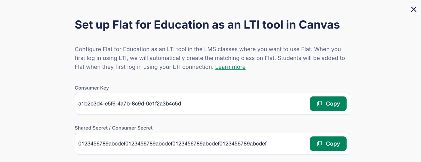 Set up Flat for Education as an LTI tool in Canvas window, with the Consumer Key and Shared Secret and their Copy buttons