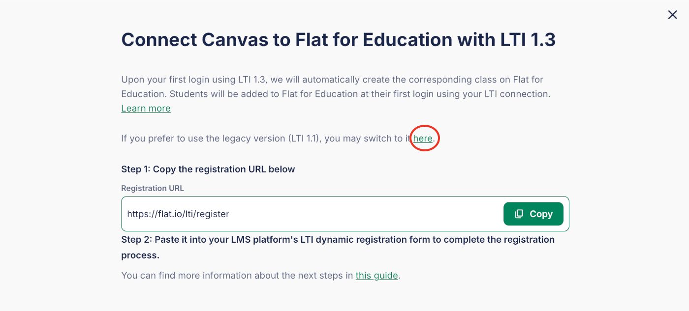 Connect Canvas to Flat for Education with LTI 1.3 window, with the link to switch to LTI 1.1