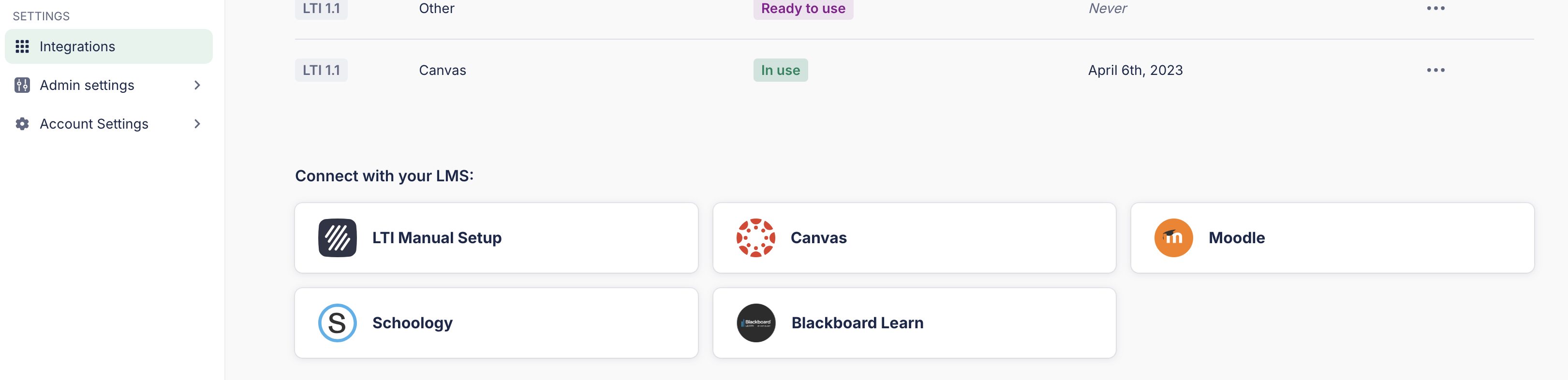 Integrations page in Flat for Education settings, with the Schoology option under Connect with your LMS