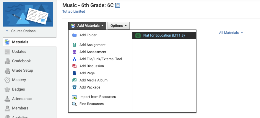 Schoology Add Materials menu with Flat for Education (LTI 1.3)