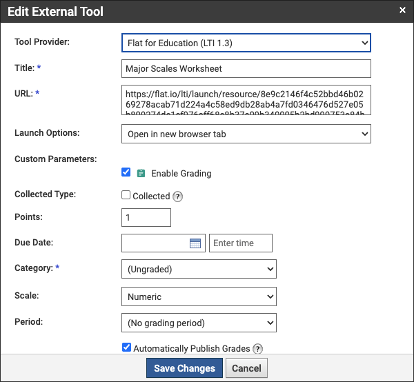 Schoology Edit External Tool window with grading settings for a Flat for Education assignment