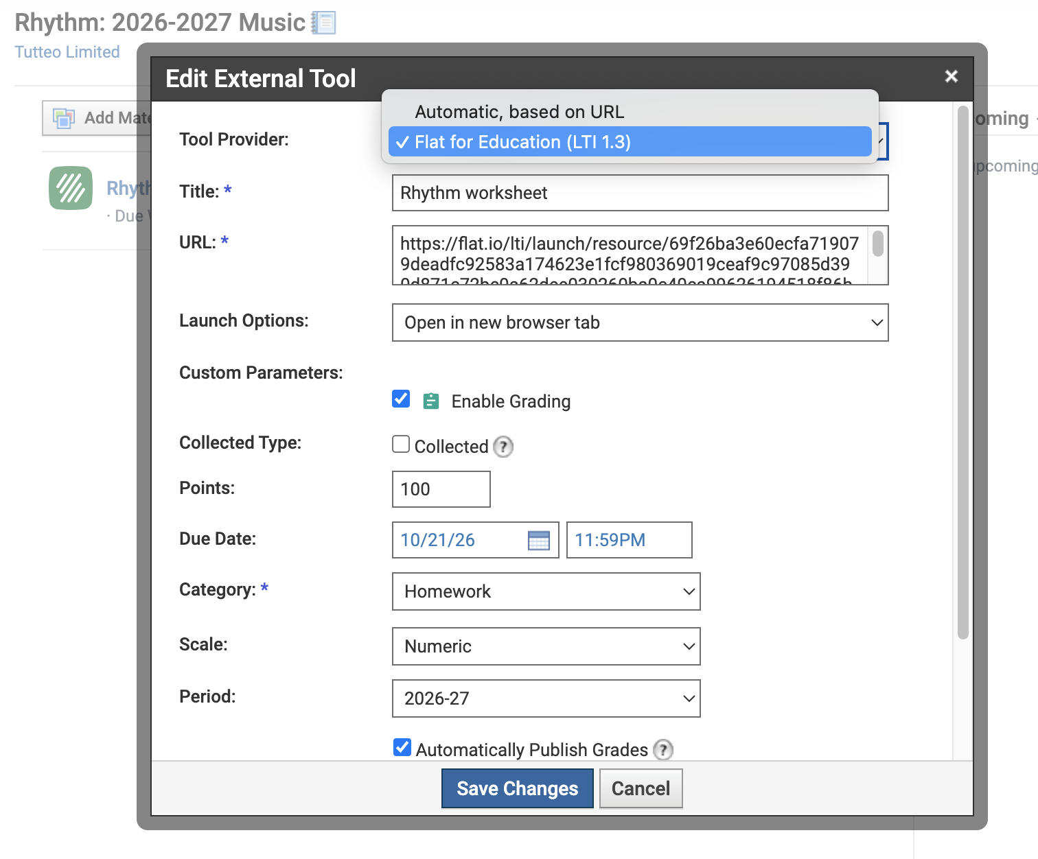Schoology Edit External Tool window with Tool Provider set to Flat for Education (LTI 1.3)